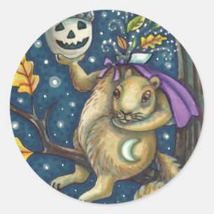 ADESIVO REDONDO SQUIRREL DE SONO E ACORN, DIA DE AS BRUXAS ENGRAÇ