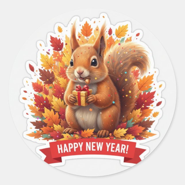 Adesivo Redondo Squirrel New Year Party Sticker (Frente)
