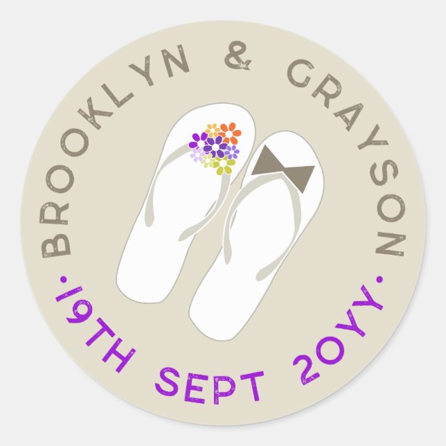 Adesivo Redondo Sr. e Sra. Purple Flowers Chinelos Casamento de Pr (Frente)