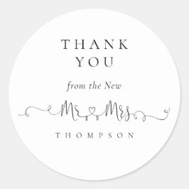 Adesivo Redondo Sr. Rings Heart Script Wedding Obrigado