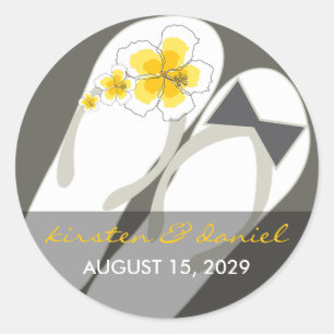 Adesivo Redondo Sr. & Sra. Chinelos Hibiscus Beach Wedding Sticker