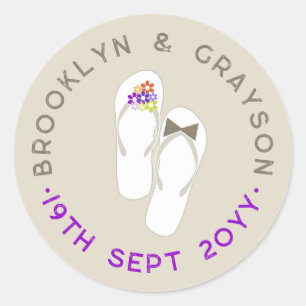 Adesivo Redondo Sr & Sra Flores Roxas Chinelos de Praia Casamento