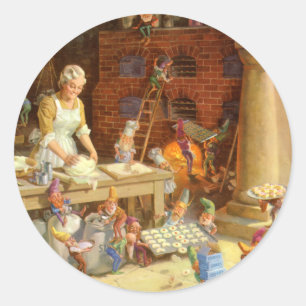 Adesivo Redondo Sra. Claus Assar Biscoito com duendes do papai