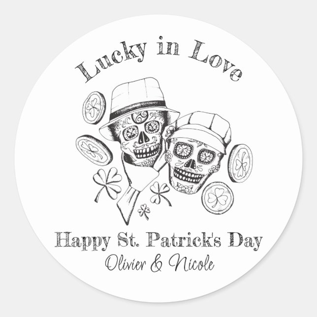 Adesivo Redondo St Patricks Nome Personalizado Sugar Skull Lucky i (Frente)
