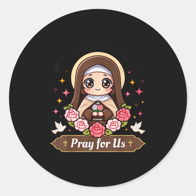 Adesivo Redondo St Therese Of Lisieux Pray For Us Catholic Roses F (Frente)