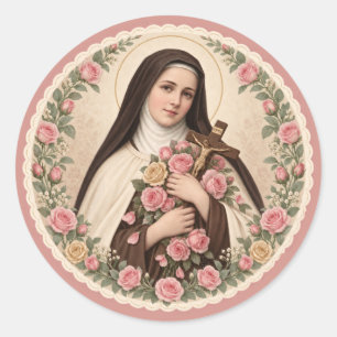 Adesivo Redondo St. Therese Pequena Flor Rosas Cor-de-Rosa Católic