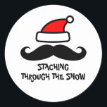 Adesivo Redondo Staching through the snow Christmas Santa mustache<br><div class="desc">Staching through the snow Christmas Santa mustache stickers. Funny black mustache stickers and seals for envelopes,  gift wrapping or party favors. Cute handlebar moustache design with red Santa hat. Personalize with name or humorous quote. Fun typography template. Cute for kids and adults.</div>