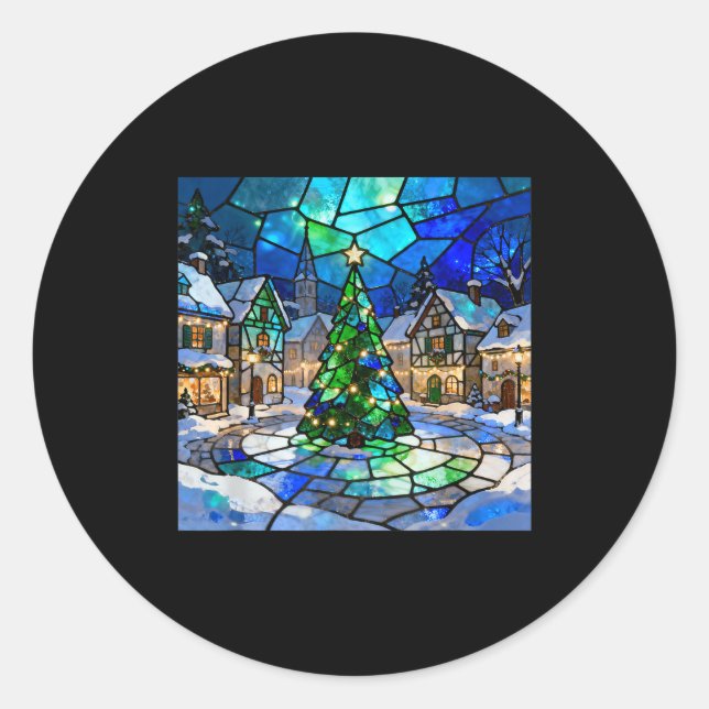 Adesivo Redondo Stained Gl Christmas Tree Winter Village Holiday A (Frente)