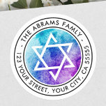 Adesivo Redondo Star of David Blue Watercolor<br><div class="desc">Etiqueta de endereço de retorno elegante com uma estrela branca de David em um fundo de cor azul-d-água roxa e aqua e seu endereço de retorno em uma fonte moderna sans-serif.</div>