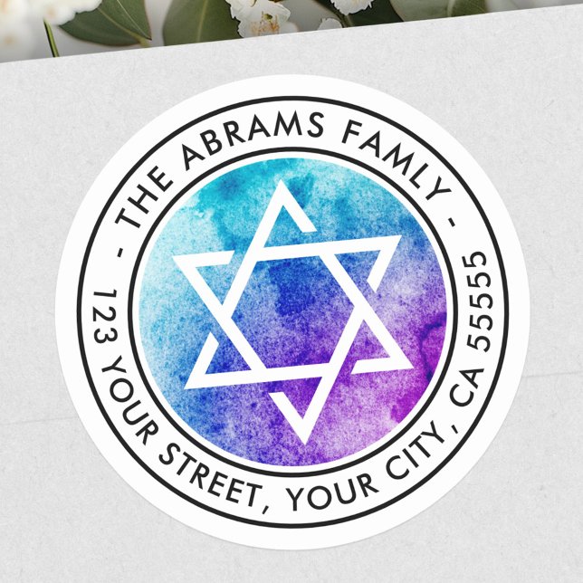 Adesivo Redondo Star of David Blue Watercolor (Star of David blue watercolor return address Classic Round Sticker)