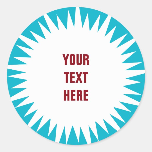Adesivo Redondo Starburst - branco com texto e fundo personalizado (Frente)