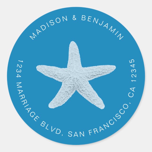 Adesivo Redondo Starfish Beach Return Address Blue (Frente)