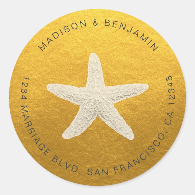 Adesivo Redondo Starfish Beach Return Address Classic Dourado (Frente)
