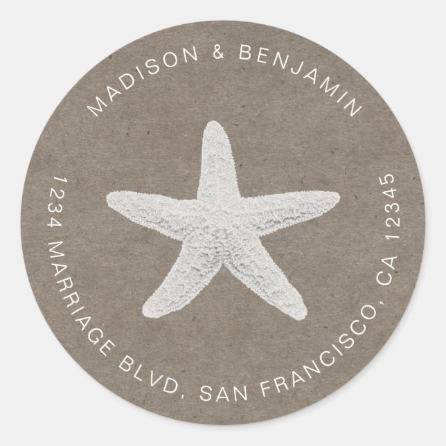 Adesivo Redondo Starfish Beach Return Address Kraft (Frente)