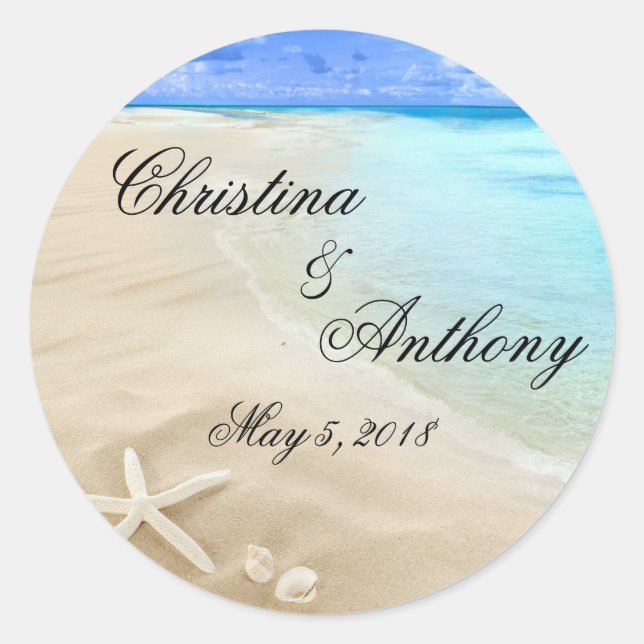 Adesivo Redondo Starfish Destination Beach Wedding Favorece Rótulo (Frente)