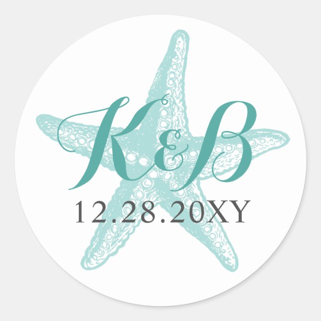Adesivo Redondo Starfish Monograma Beach Weding Sticker (Frente)