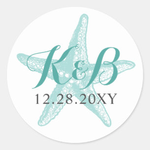 Adesivo Redondo Starfish Monograma Beach Weding Sticker