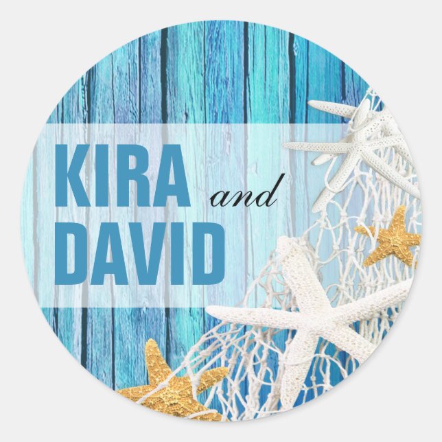 Adesivo Redondo Starfish Netting Beach Wood Favor | azul (Frente)