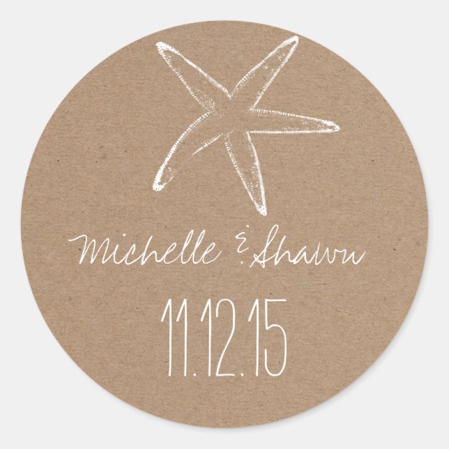 Adesivo Redondo Starfish Rustic Kraft Paper Casamento Favor (Frente)