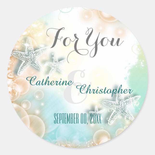 Adesivo Redondo Starfish, tema do casamento, favor "Por você" (Frente)
