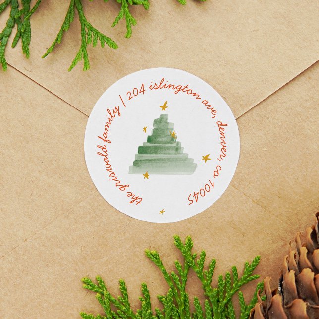 Adesivo Redondo Starlit Watercolor Tree Holiday Endereço de Devolu (Starlit watercolor Christmas tree return address label round stickers.)