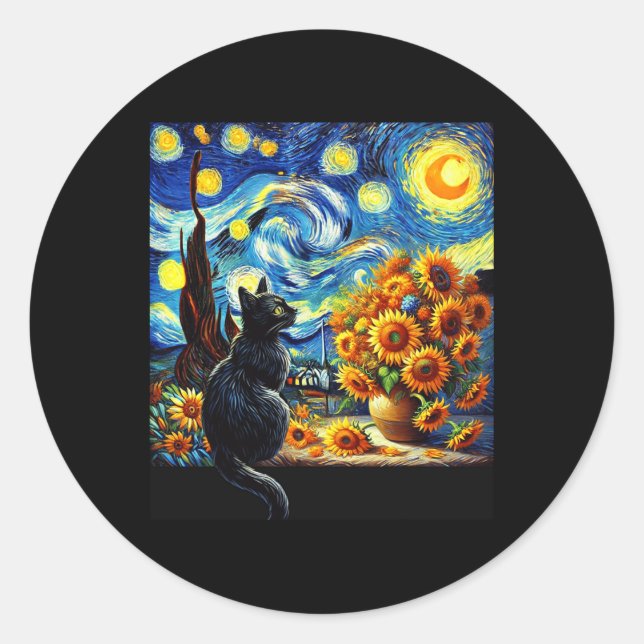 Adesivo Redondo Starnight Vincent Van Gogh Sunflower Cat Lover (Frente)