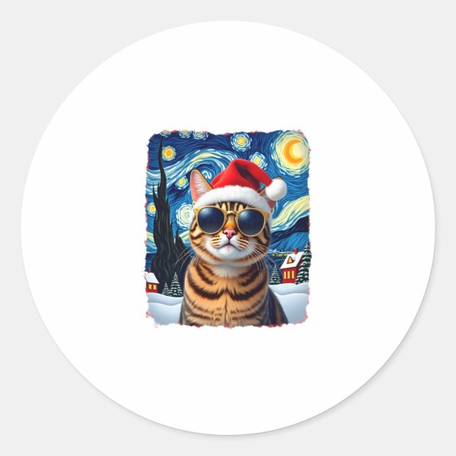 Adesivo Redondo Starry Night Orange Tabby Cat Christmas (Frente)