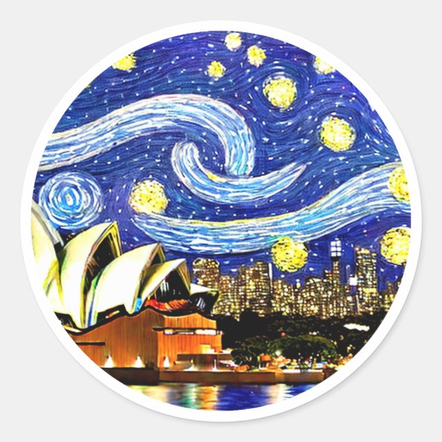 Adesivo Redondo Starry Night Sydney Austrália - Ópera (Frente)