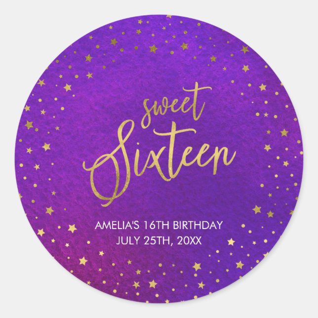 Adesivo Redondo Starry Purple Watercolor Sweet 16 Festa de anivers (Frente)