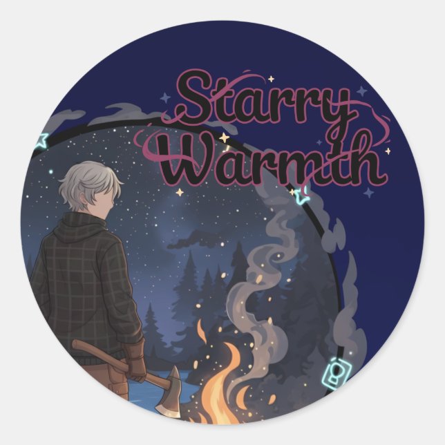 Adesivo Redondo Starry Warmth - Lumberjack Anime Boy by Campfire (Frente)