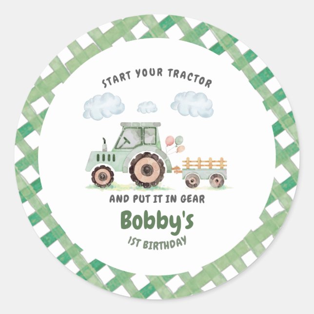 Adesivo Redondo Start Your Tractor 1st Birthday (Frente)