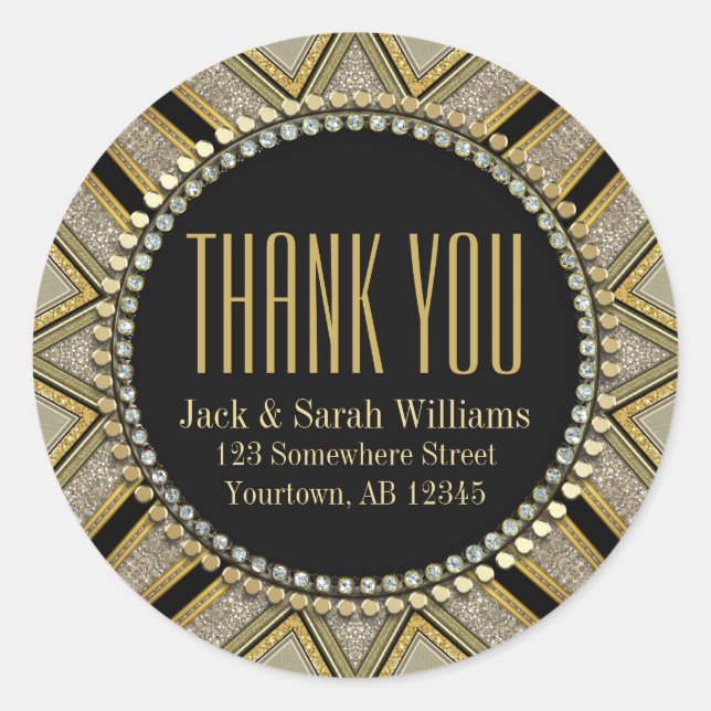 Adesivo Redondo Starzi Art Deco Dourado Preto Obrigado Palavras Re (Frente)