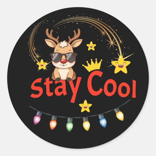 Adesivo Redondo Stay Cool Christmas Reindeer Sticker (Frente)