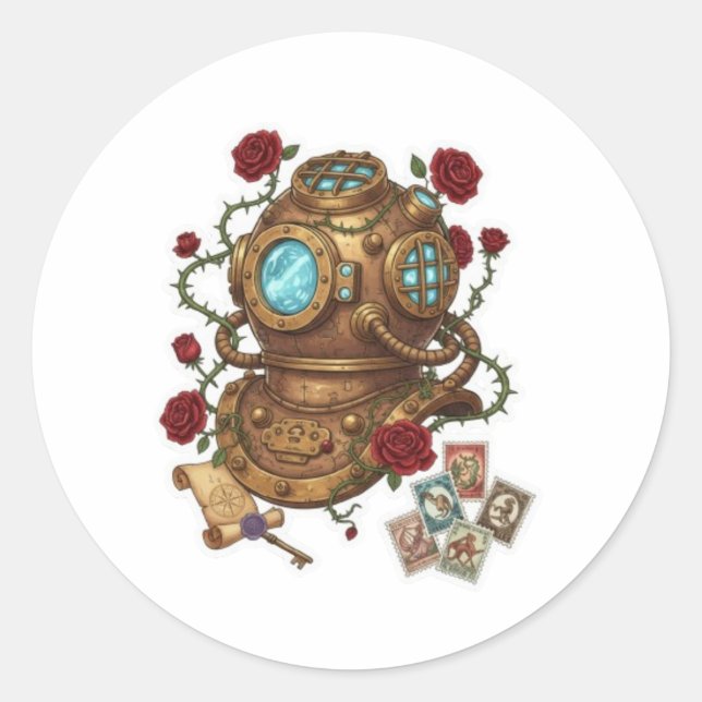 Adesivo Redondo Steampunk Deep Sea Diver Helmet Fantasy Illustrati (Frente)