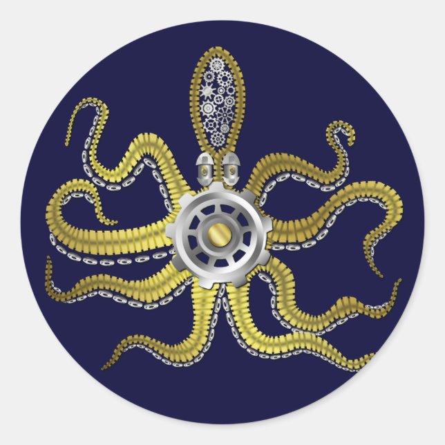 Adesivo Redondo Steampunk Gears Octopus Kraken (Frente)