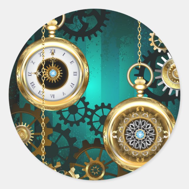 Adesivo Redondo Steampunk Jewelry Watch em um fundo verde (Frente)