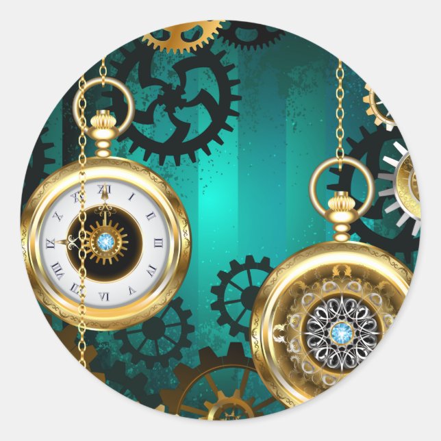 Adesivo Redondo Steampunk Jewelry Watch em um fundo verde (Frente)