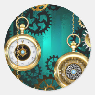 Adesivo Redondo Steampunk Jewelry Watch em um fundo verde