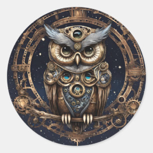 Adesivo Redondo Steampunk Owl contra o céu estrelado