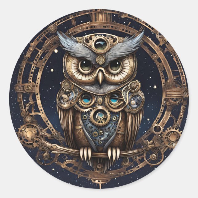 Adesivo Redondo Steampunk Owl contra o céu estrelado (Frente)