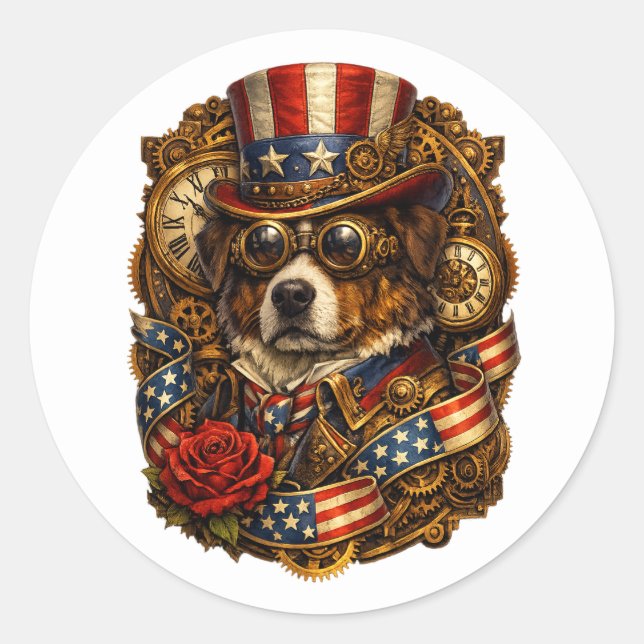 Adesivo Redondo Steampunk Patriotic Dog (Frente)