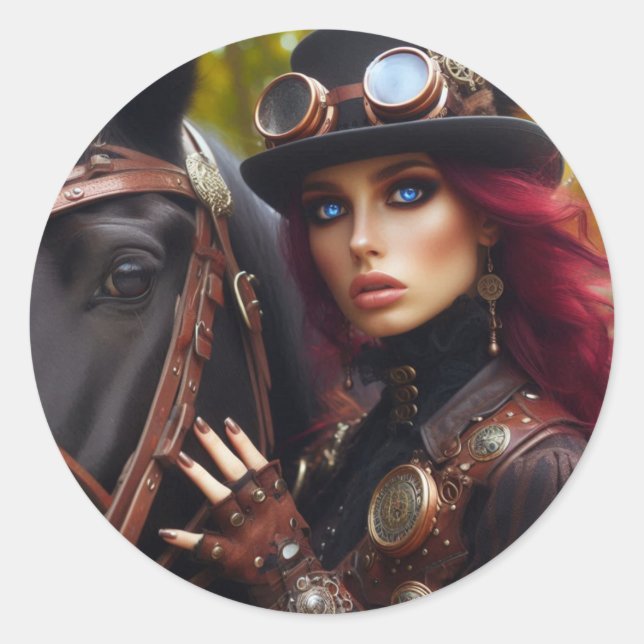 Adesivo Redondo Steampunk Victorian Lady Dark Rider (Frente)