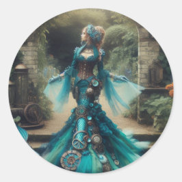 Adesivo Redondo Steampunk Vintage Victorian Lady Teal Mermaid