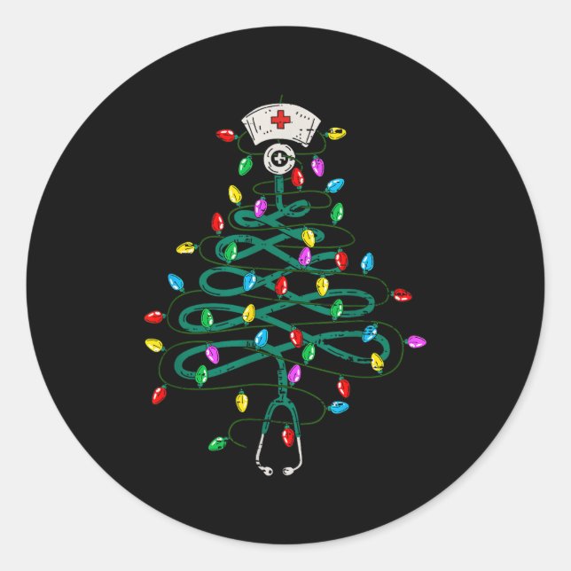 Adesivo Redondo Stethoscope Christmas Tree Lights Nurse Christmas  (Frente)