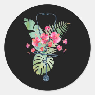 Adesivo Redondo Stethoscope Tropical Flowers Summer Aloha Hawaii R