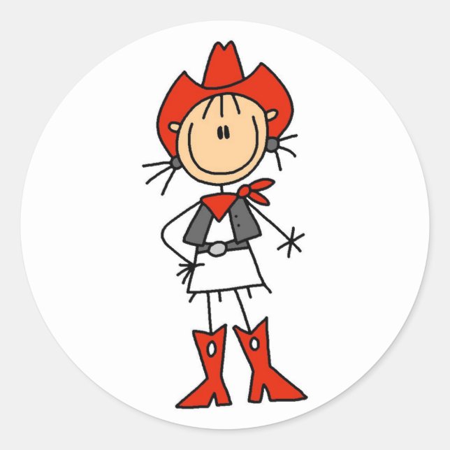 Adesivo Redondo Stick Figure Cowgirl Red Hat and Boots Stickers (Frente)
