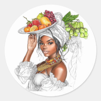 Adesivo Redondo Sticker. Beautiful girl with fruits