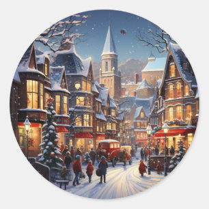 Adesivo Redondo Sticker de Celebração de Natal da Cidade de invern