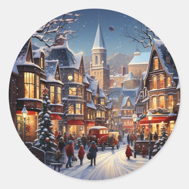 Adesivo Redondo Sticker de Celebração de Natal da Cidade de invern (Frente)