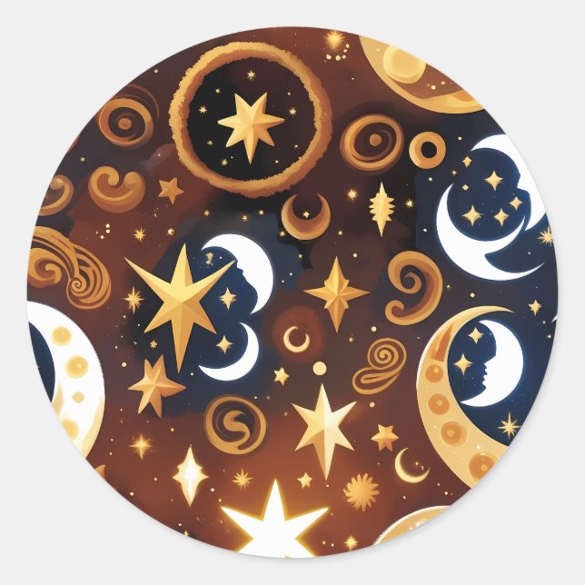 Adesivo Redondo Sticker - Golden Ochre Celestial Moon Mystic Lunar (Frente)